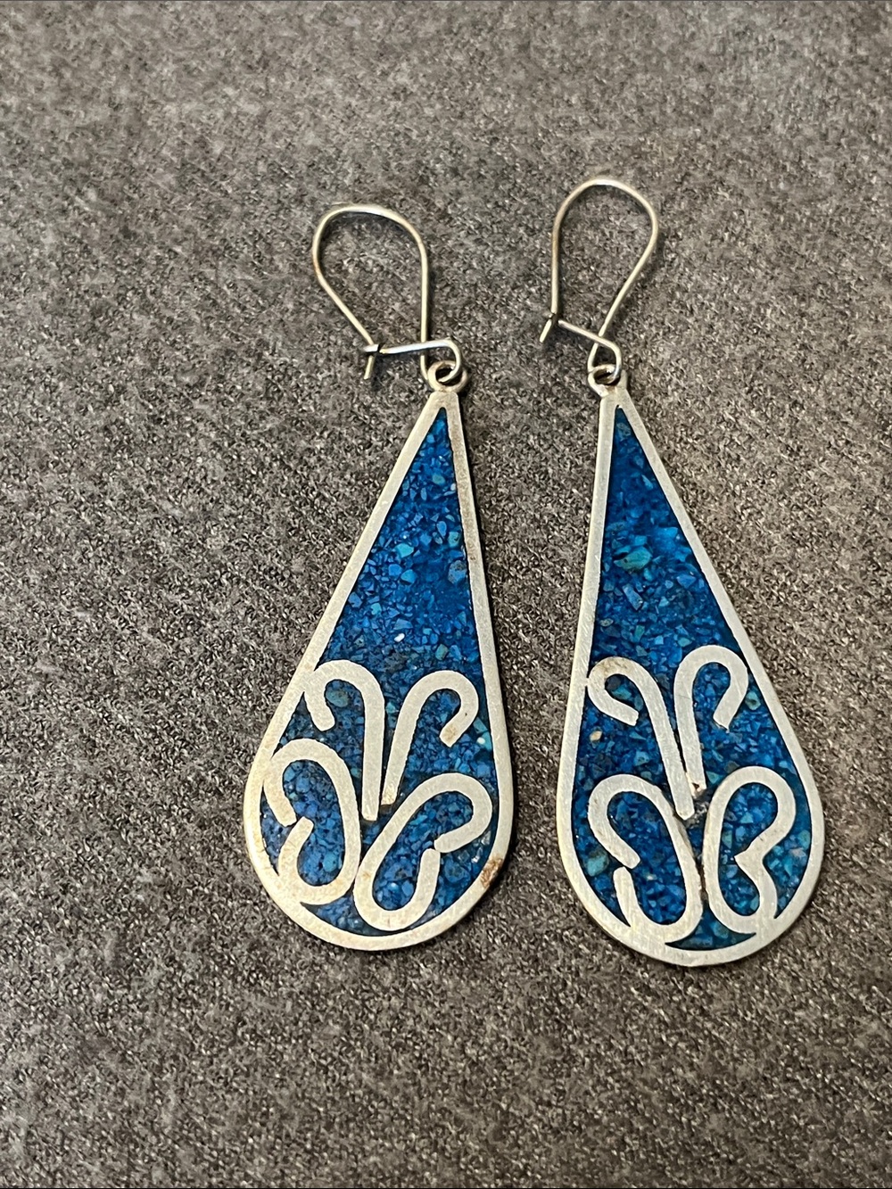 Vintage Alpaca Silver Turquoise Chip Inlaid Earrings